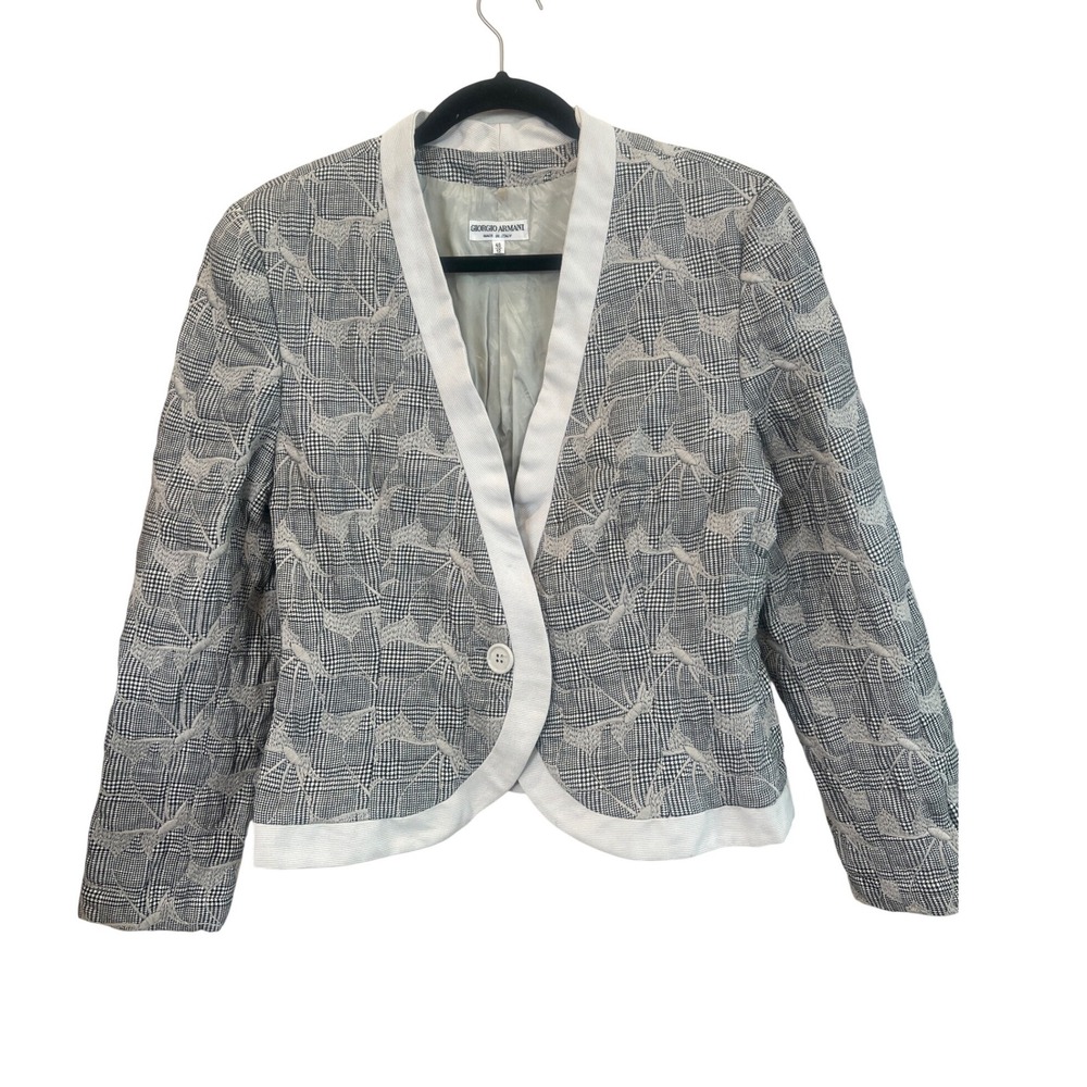 Vintage 80s Giorgio Armani Leaf Embroidered Blazer Jacket White Trim‎ Italy 46